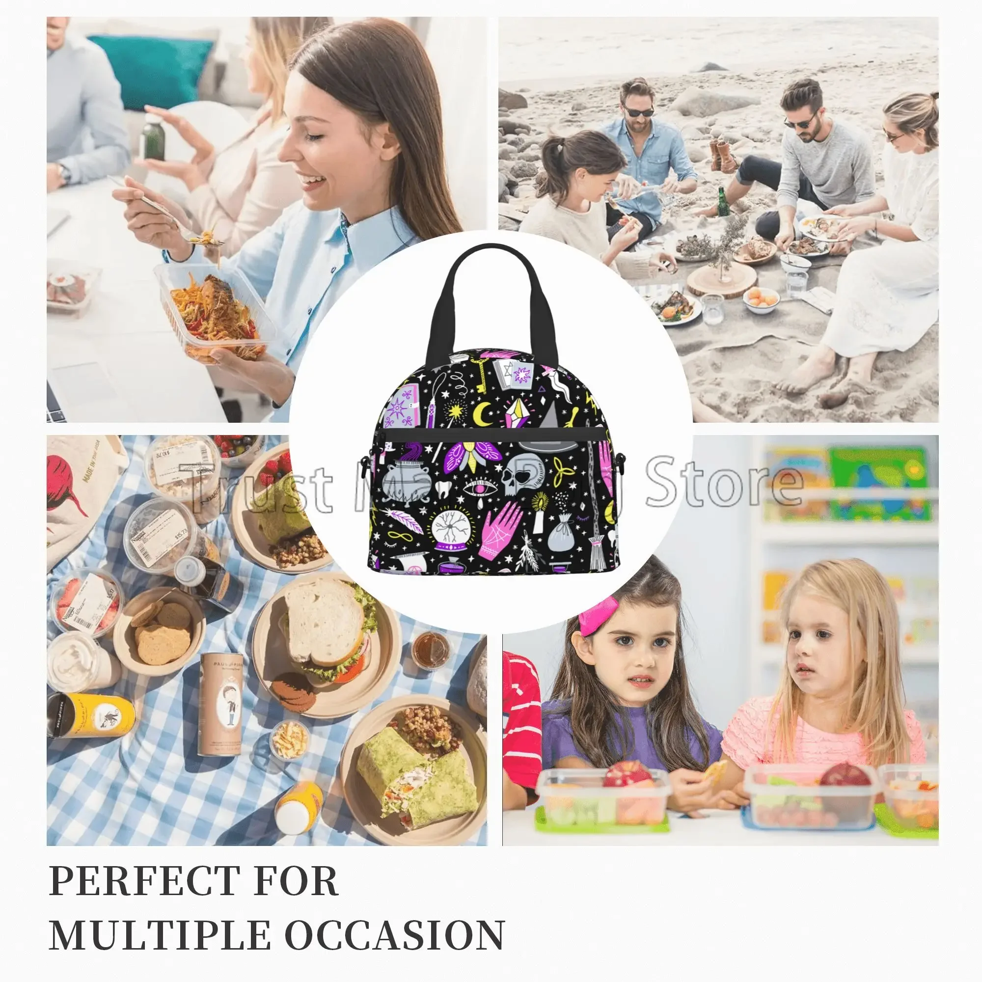 Magic Witch Goth Lunch Box Reusable Insulated Lunch Bag with Shoulder Strap Thermal Food Container for School Work Travel Picnic