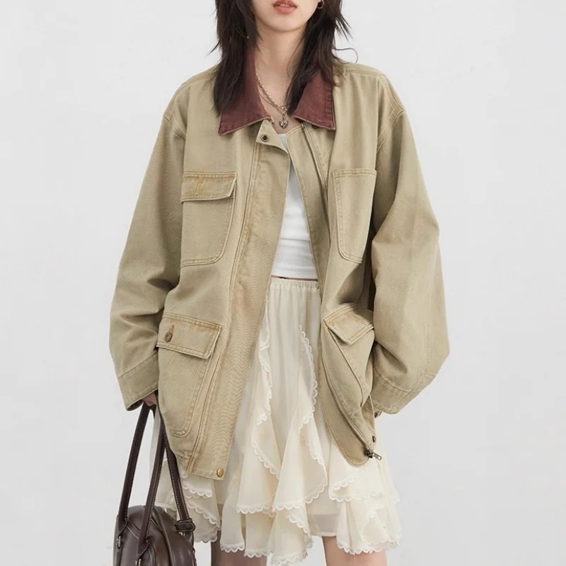 

Unisex Jacket 2026 Spring New Women's Patchwork Collar Denim Jacket Vintage Washed Loose Casual Cargo Coat