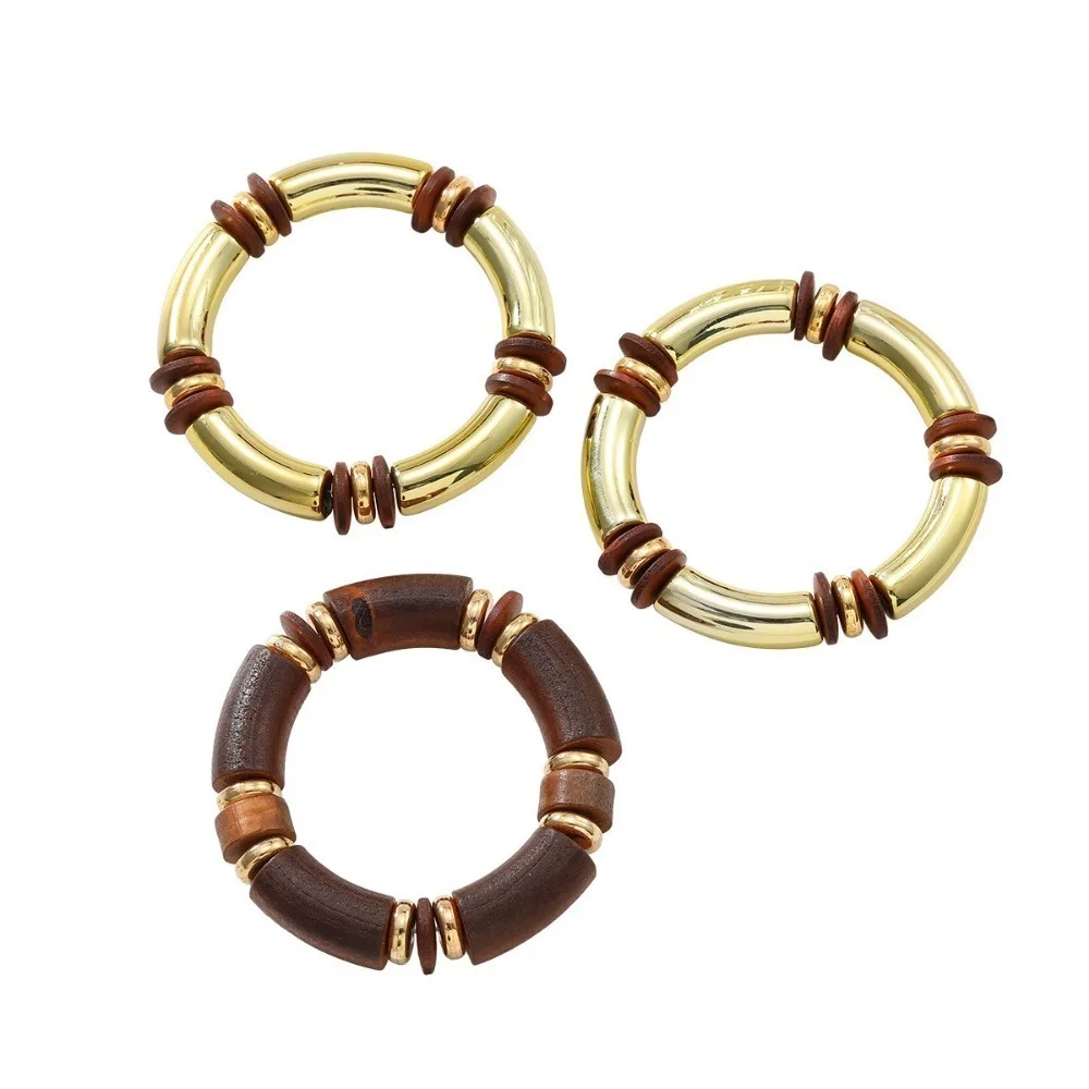 

Fashion Multi Layer Bracelet Set Exaggerated Gold Plated Brown Wood Bracelet Neck Chain Female Jewelry Set