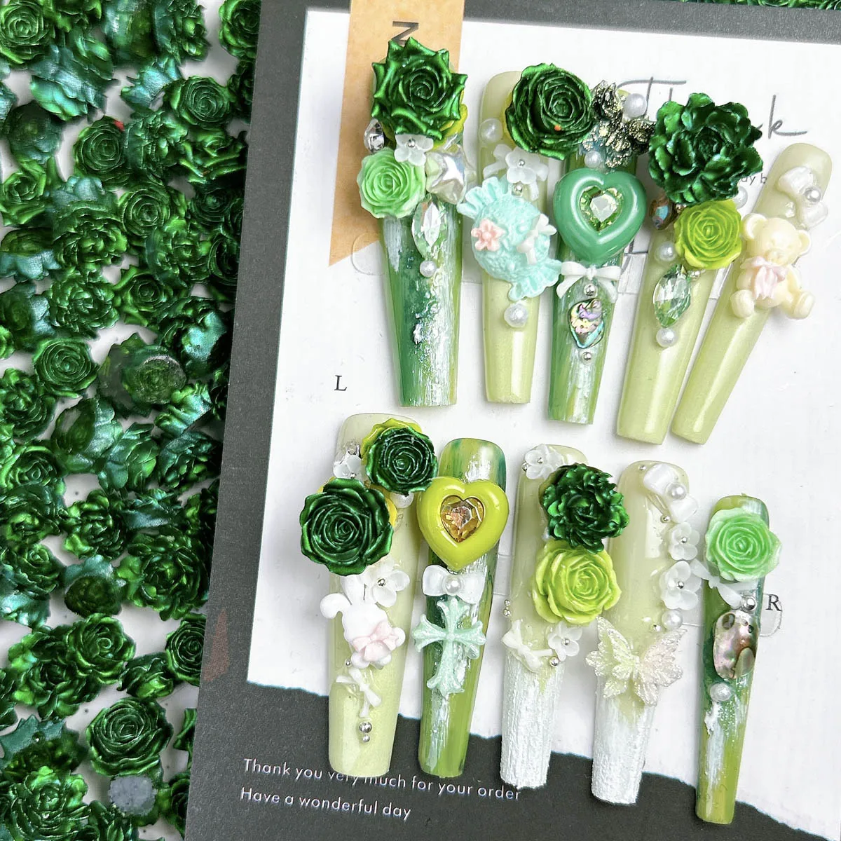 Minimalist Dark Green Rose Lotus Camellia Resin Nail Art Decorations Creative Shinny Soft Flowers Nail Charms DIY Earrings Nails