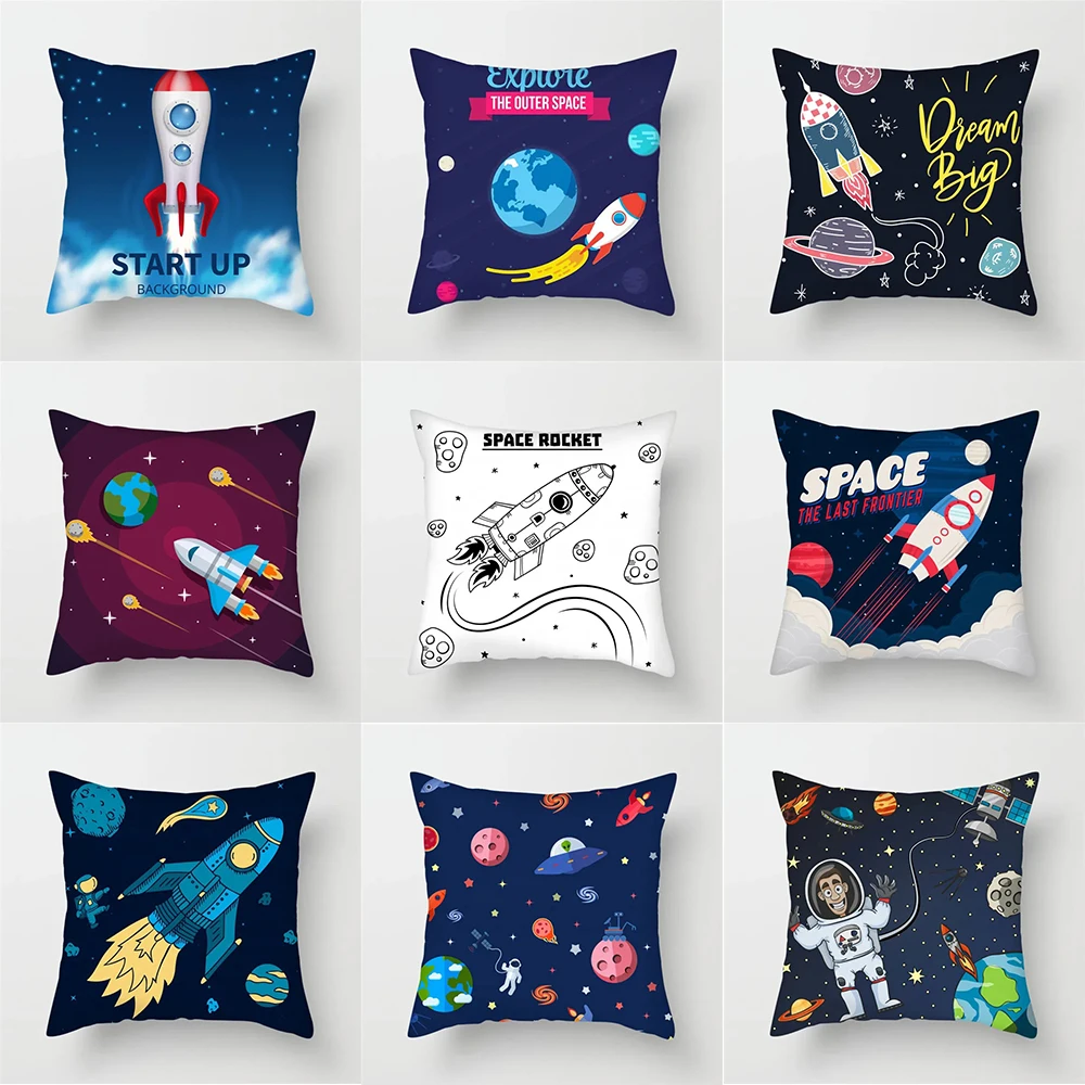 Space rocket pattern home decoration cushion cover for bedroom living room sofa polyester fiber cushion cover 45x45 cm