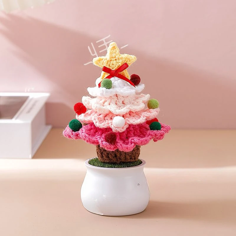 Christmas Tree Small Potted Plants Crochet Handmade Tabletop Small Ornaments Wool Weaving Doll Xmas Gifts Desktop Decorations