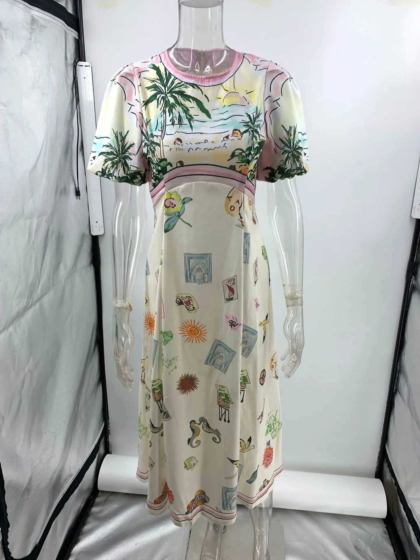 Fashion Printed Long Dress Women Summer Elegant Casual Short Puff Sleeved Dresses 2024 New Chic Female Vacation Robes Clothes