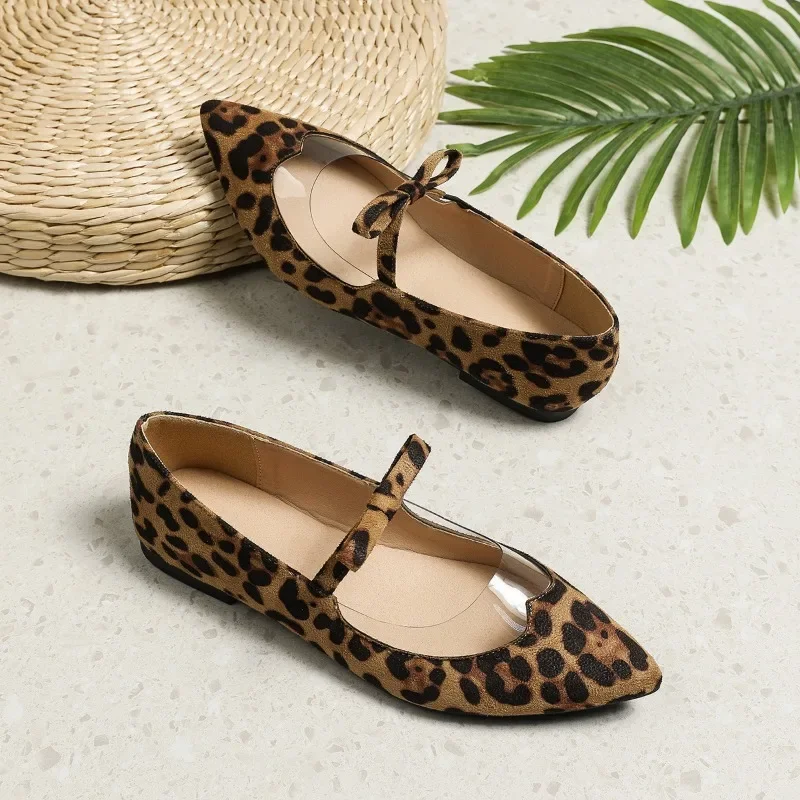 Sexy Shallow Mouth Pointed Toe Flat Ballet Dance Shoes Mary Jane Leopard Bow Shallow Mouth Single Shoes for Women