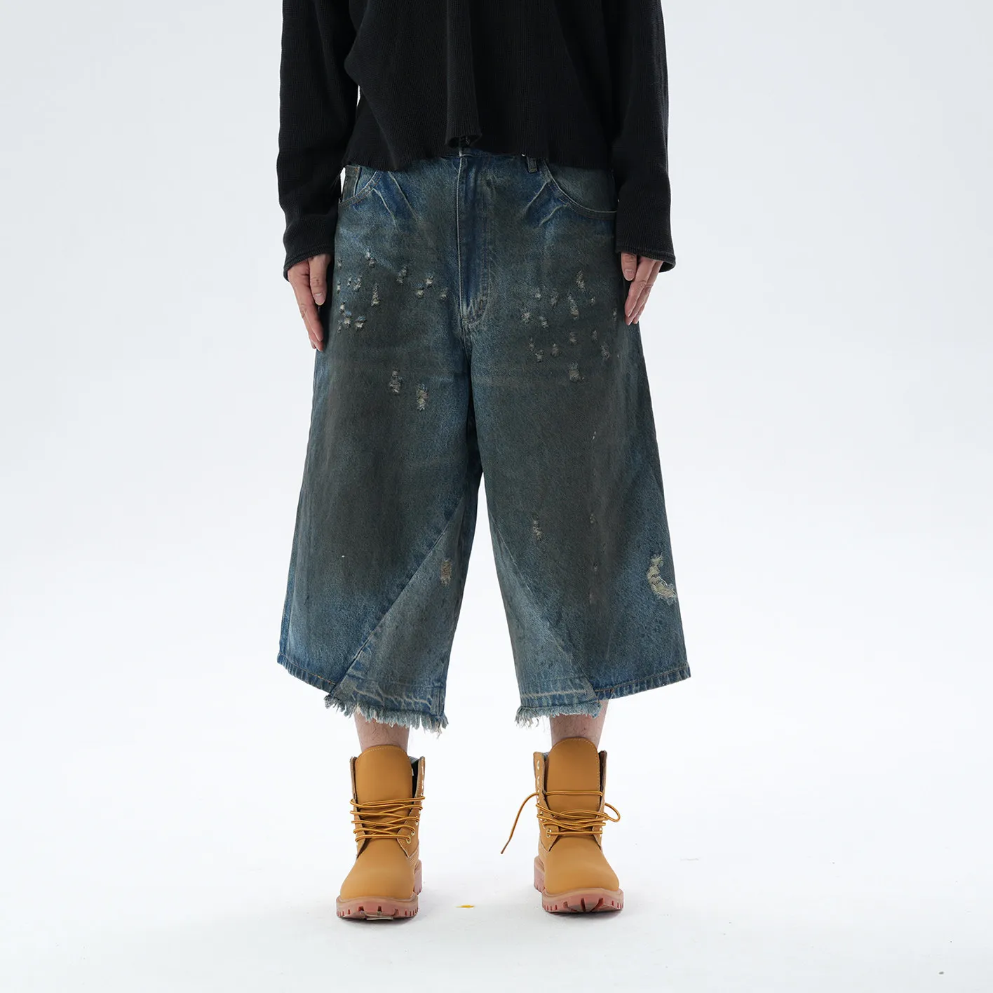 Fashion American Retro High Street Waste Soil Wiping Dirty Mud Dyeing Deconstruction Stitching Wide Leg Cropped Pants Men