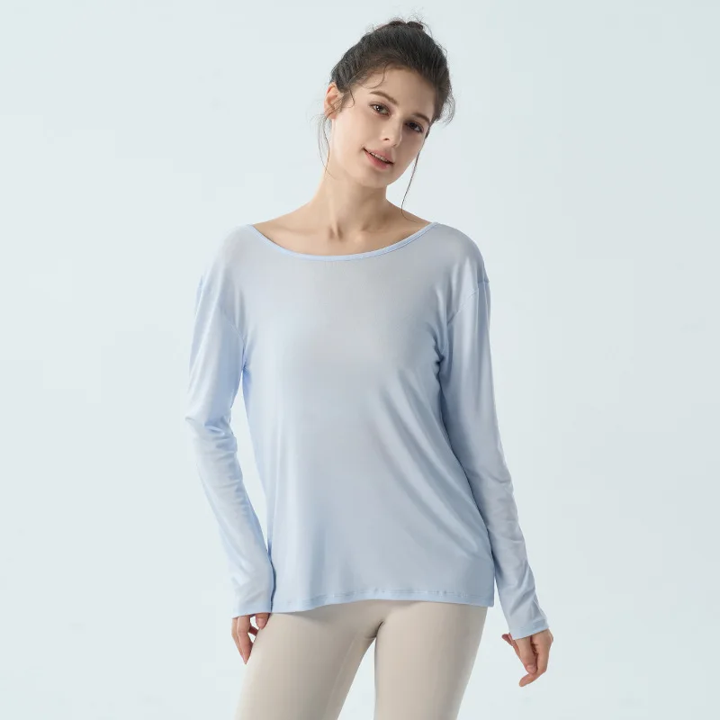 

2026 Long Sleeve Sports Tshirt for Women Thin Cross Hollow Out Back Design Loose Lazy Style Casual Top Soft Breathable Active
