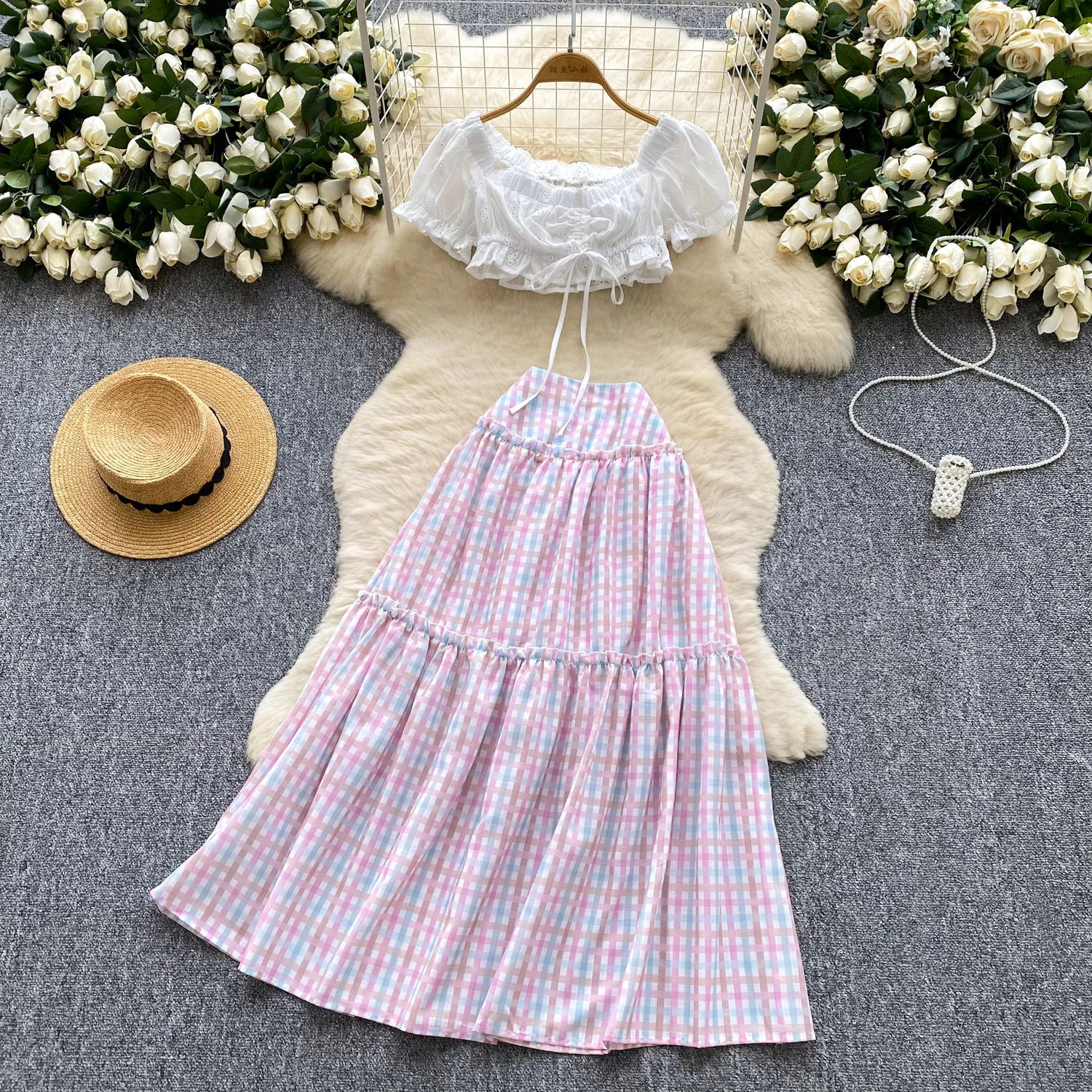 

Vacation Boho Beach Plaid 2 Piece Sets Womens Long Skirts Outfits Summer Crop Top and High Waist Skirt Matching Two Piece Set