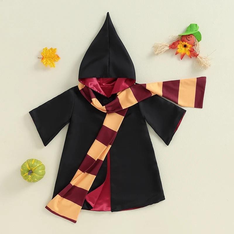 Kids Halloween Gothic Witch Costume Long Sleeve Hooded Wizard Cloak with Scarf 2 Pcs Cosplay Clothes Set