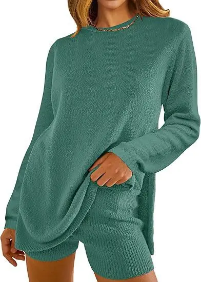 

Women's Two-piece Solid Color Round Neck Long Sleeved Knitted Sweater Top and Shorts Casual Set 2024