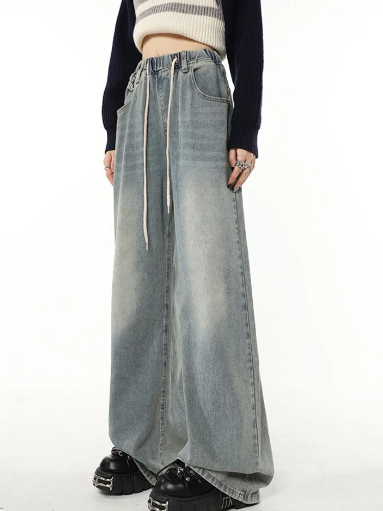 Wide Leg Casual Jeans Women Pockets Drawstring Vintage Baggy Trousers Trendy All-match Harajuku High Street Design Creativity