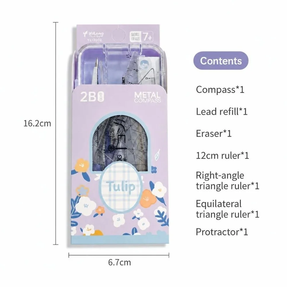 2/7pcs Kawaii Tulip Student Compass Set Clear Scale Measuring Rulers Portable Geometry Ruler Kit Geometry Compass Ruler Gift