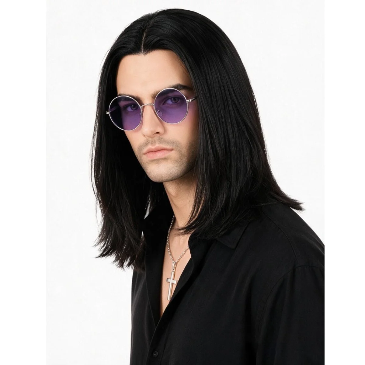 Adult Men Rock Style Costume Accessory Long Straight Black Synthetic Wig Purple Lens Sunglasses Cross Pendant Necklace Cosplay