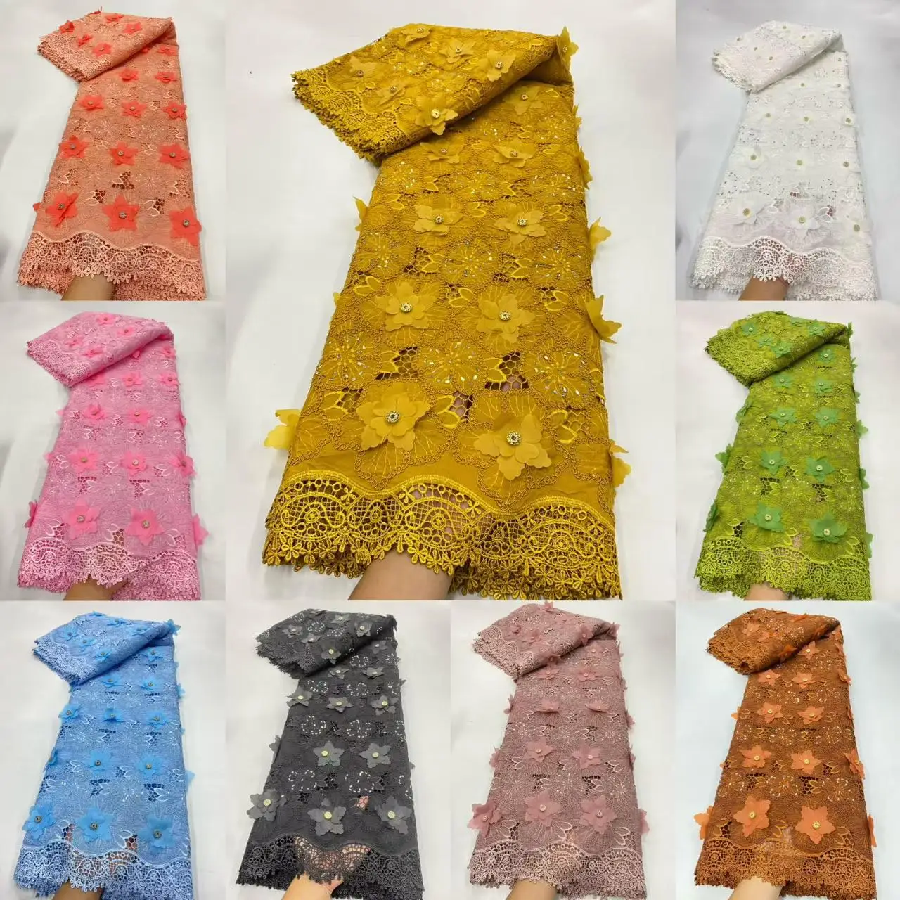 3D Embroidered Guipure Cupion Lace Skin Friendly African Cord Fabric Middle East Wedding Formal  Lady Gown with Appliques 3382