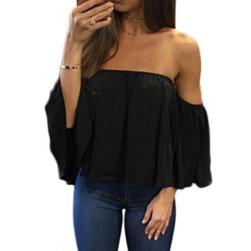 2024 Women T-shirt Solid Chiffon Strapless Sexy Off Shoulder Women\'s Shirts Short Sleeve Summer Fashion Female Sweet Clothing