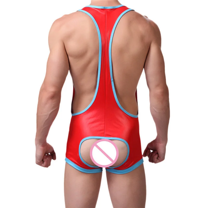 Mens Undershirts PU Leather Jumpsuit Wrestling Singlet Backless Leotard One-Piece Bodysuit Sexy Gay Jockstrap Underwear Clubwear