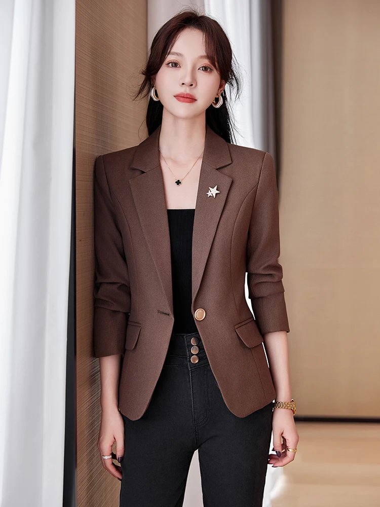 

Cé Brown Women's Suit Jaet Casual Faion Spring New Sle Retro Feel Slim Fit Long Sve One Button Pure Color