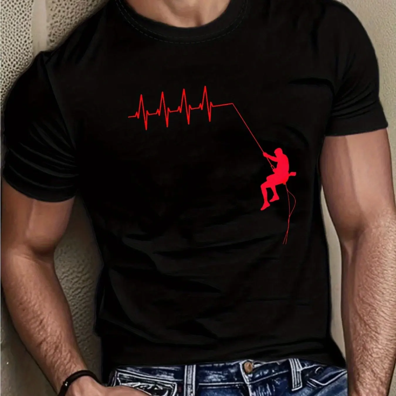 Men Cotton Rock Climbing Graphic T-Shirt Slim Fit Breathable Summer Tee with Heartbeat Line Climber Design Machine Washable