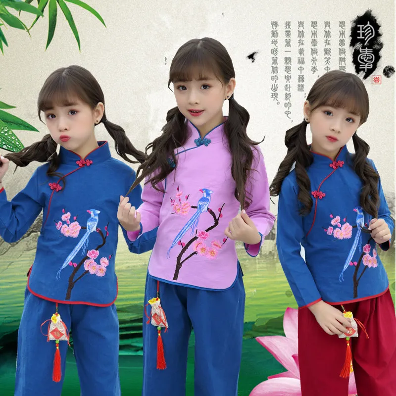 Girls Hanfu Improved Tang Cotton Dress girl baby Retro Top Pant set of Chinese style Children's Clothing Ancient Miss