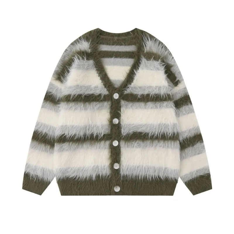 Sweaters Women Striped V-neck Button Loose Streetwear OL Warm Cozy Soft Chic Knitting Cardigan Korean Style Design All-match