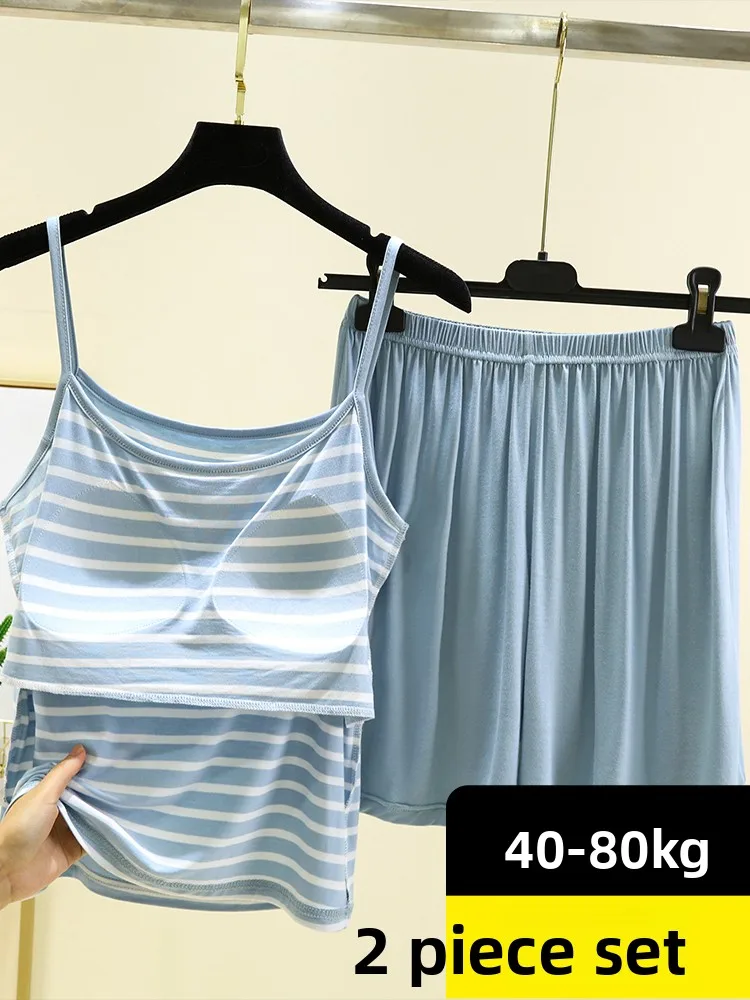 

Modal Strap ort Set Women Summer Thin Svel Nightgown plus Size Loose Stripes Home Clothes Two-Piece Set Casual Wear