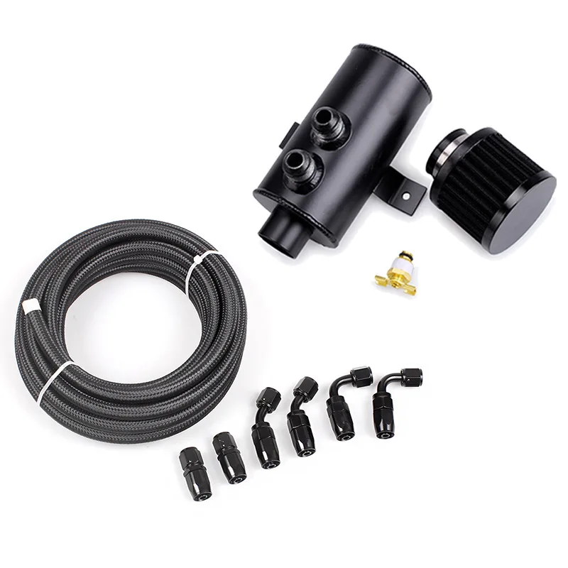 Car modification accessory - Two-hole ventilated oil tank for engine, 0.75L, with AN10 braided oil pipe and cold connector kit