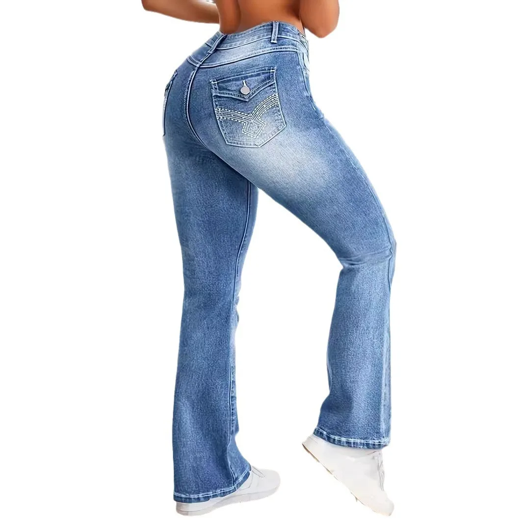 Spodnie bootcut jeansy damskie średni stan kieszenie sprane obcisłe spodnie streetwear casual łączone spodnie dżinsowe jesień lekko elastyczne