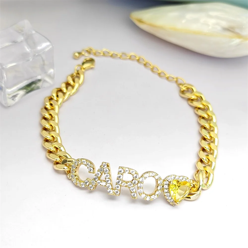2023 Personalized Heart 12 Birthstone Name Bracelet Custom Letter Chunky Cuban Chain Bracelet For Women Party Jewelry Gifts