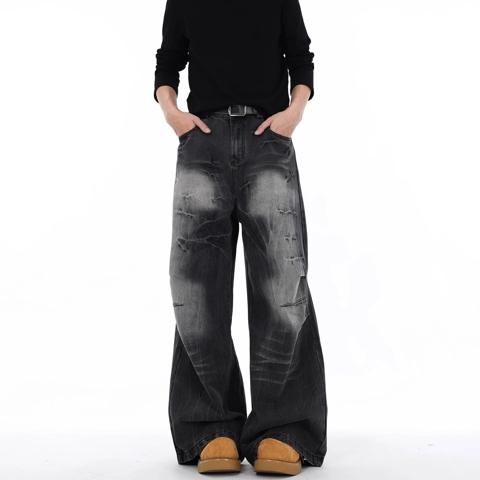 2026 Spring Autumn New Fashion American Men's Washed Loose Straight Wide Leg Denim Trousers Male High Street Black Jeans Pants