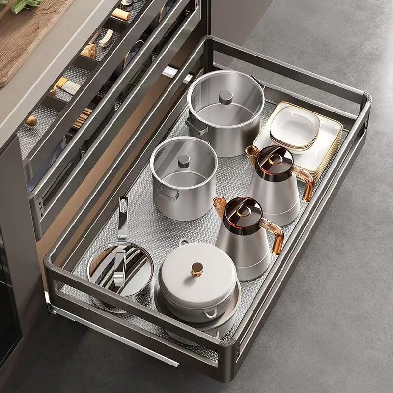 cabinet pull basket double three-layer drawer type dish storage basket, space aluminum multi-functional storage pot basket