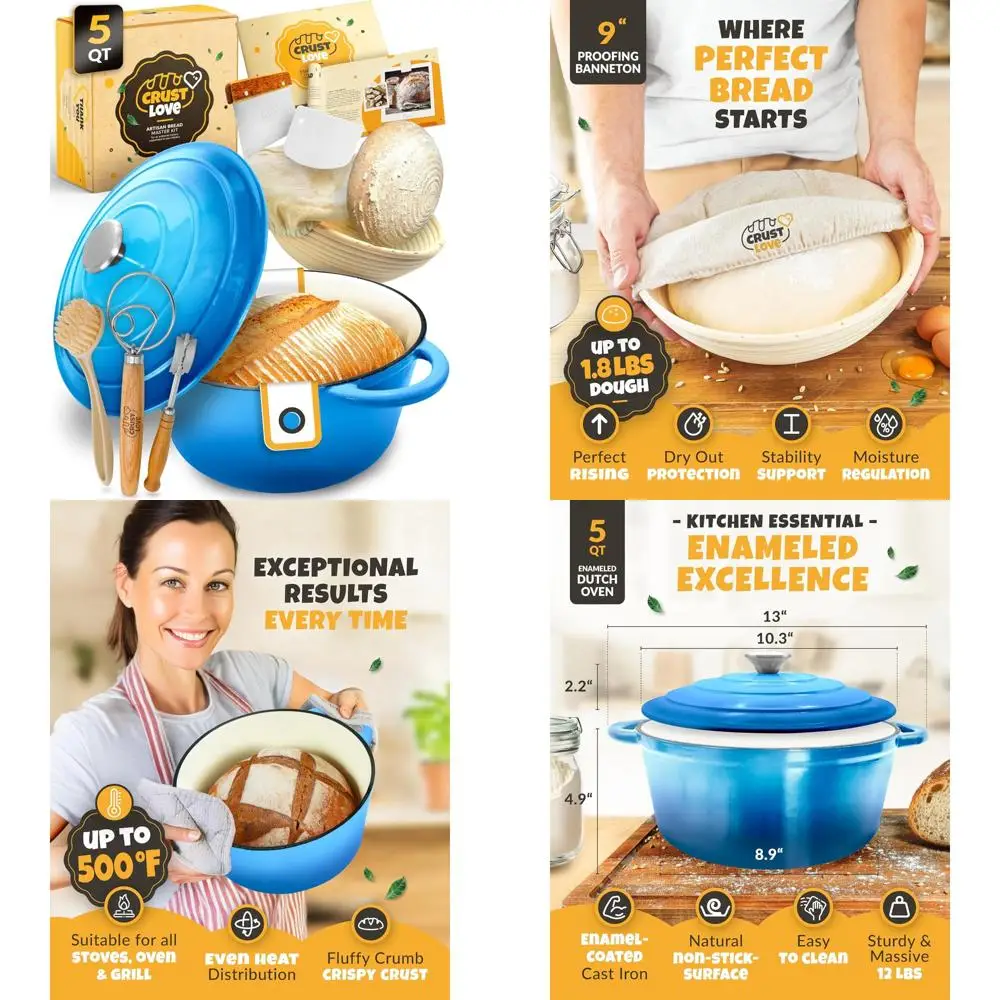 

Enameled Cast Iron Dutch Oven for Bread Baking, Perfect for Sourdough with Banneton Bread-Proofing Basket, 5-Quart Capacity