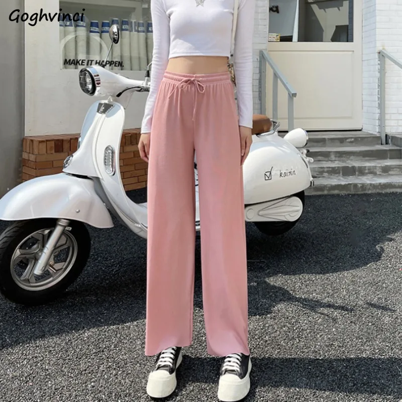 Pants Women Ice-silk Thin Loose Fit Breathable Drape Straight Casual Drawstring All-match Solid Trendy Ulzzang Spring Summer