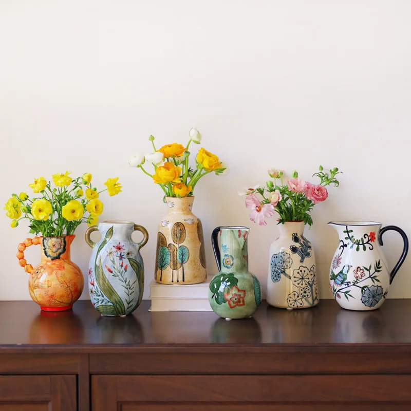 European Style Countryside Ceramic Hand-painted Art Vase Living Room Bedroom Tabletop Flower Arrangement Vases Home Decoration