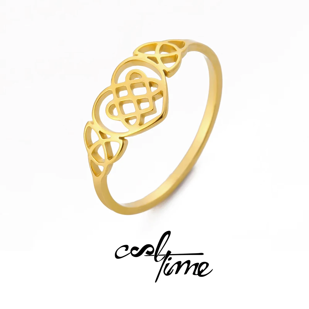CoolTime Triquetra Celtics Knot Heart Rings Stainless Steel Gold Color Amulet Daily Hollow Ring Jewelry Gift For Women