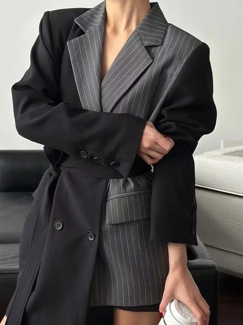 Retro Elegancja Asymetryczny Żakiet z Paskiem Damski Koreański Styl Elegancki Modny Do Pracy