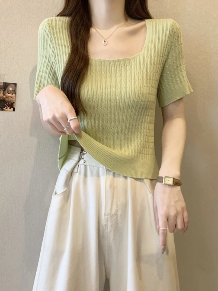 

Ice Silk Knitted Short Sleeve T-Shirt Women's Summer Fashion plus Size Square Collar Slimming Top Beautiful Small Shirt