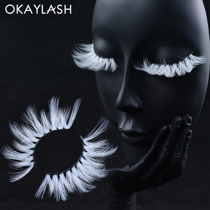 OKAYLASH 25mm Long Cosplay 3D Mink White Eyelashes  27mm Dramatic Colored Fluffy Wispy False Strip Lashes Supplier