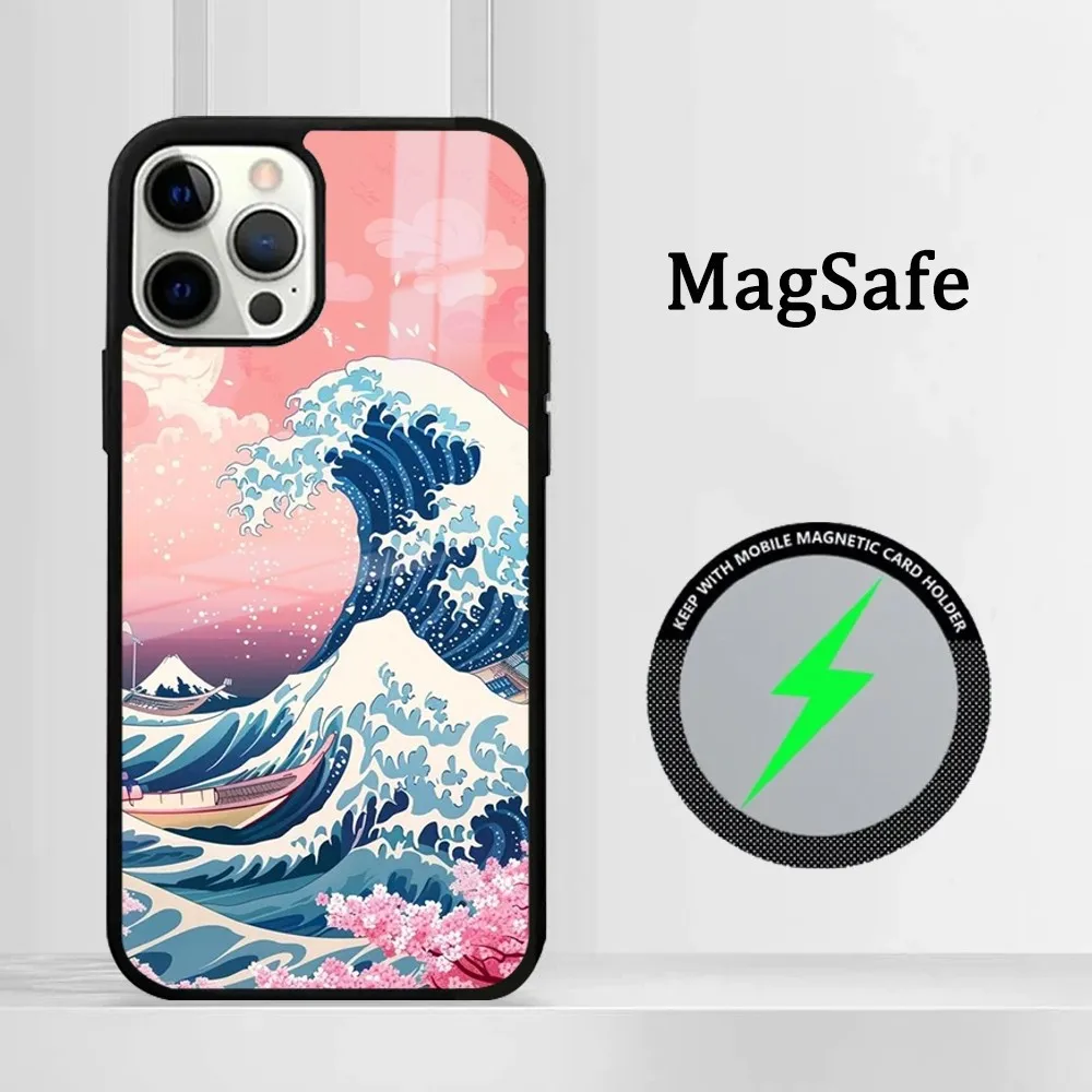 Fashion Japan The Great Wave Off Kanagawa Phone Case For iPhone 15 14 13 12 11 Pro Max Plus Mini Mirror Magnetic Cover