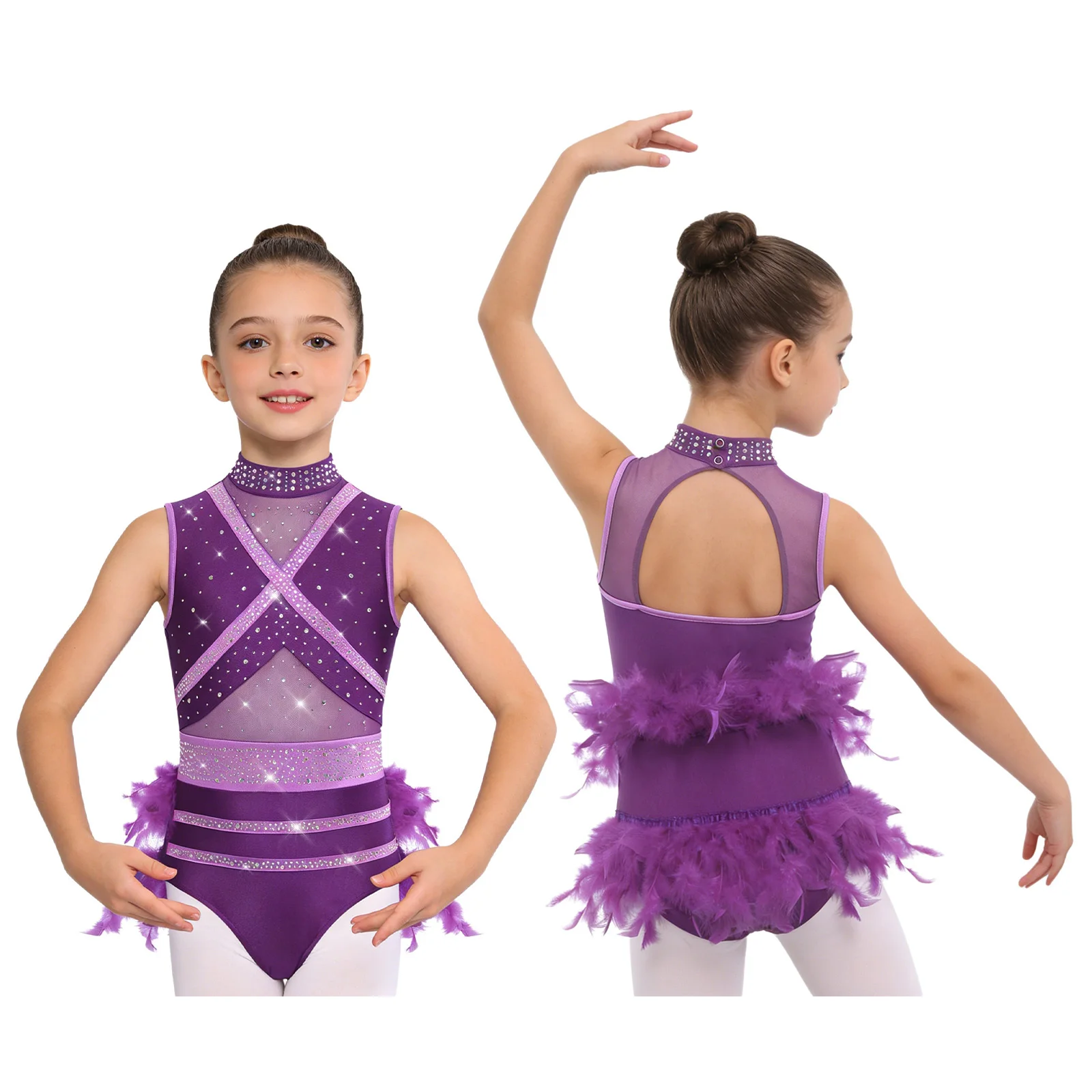 Kids Girls Latin Ballet Dance Costume Bodysuit Mock Neck Sleeveless Mesh Patchwork Shiny Rhinestone Leotard Modern Dancewear image 3