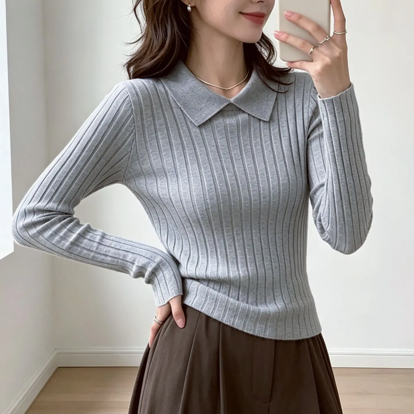 Knit For Top for Women Featuring Lapel Detail Solid Color Long Sleeves and For Slim-Fit Silhouette for Daily Wear
