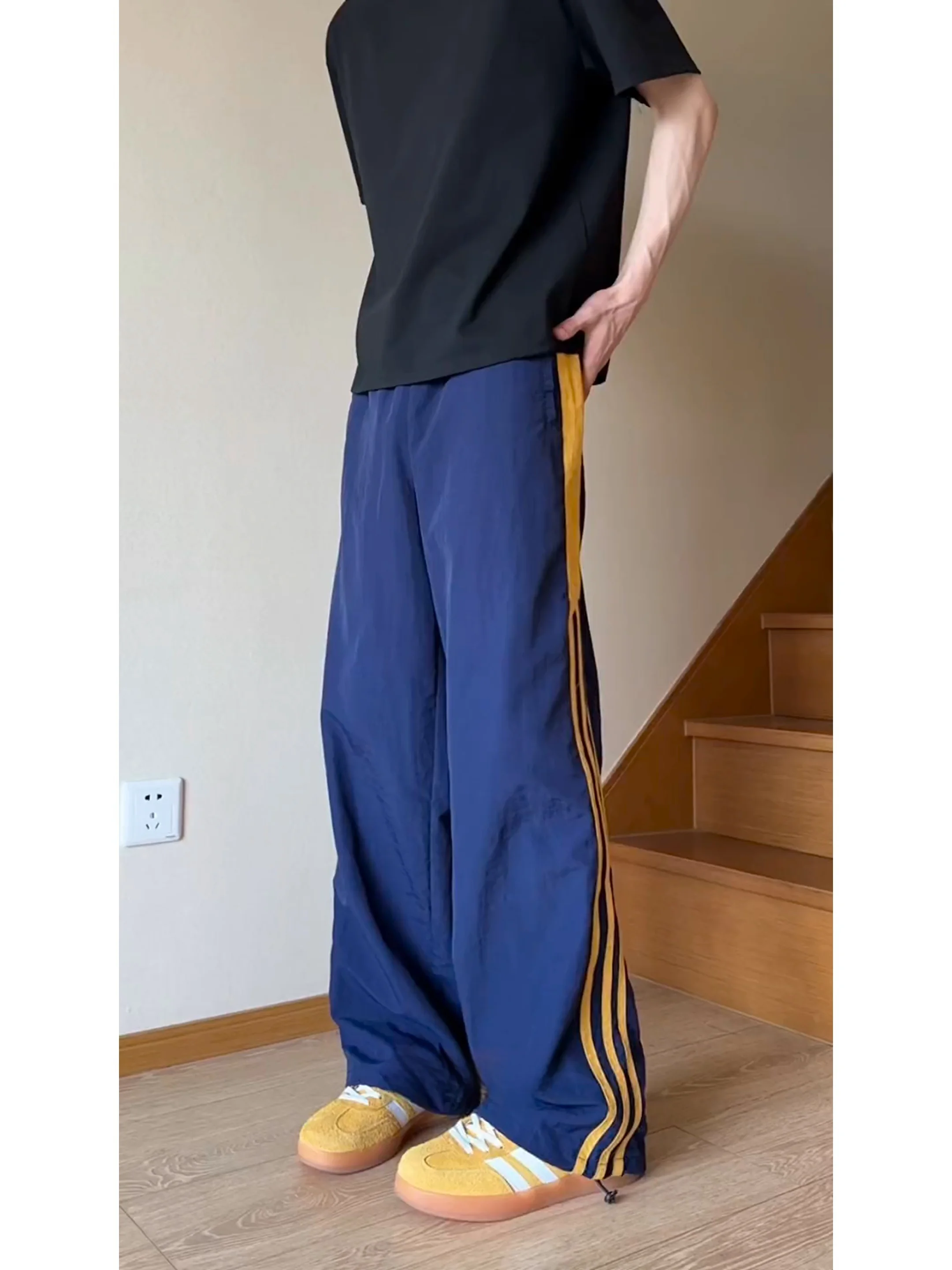 

Trendy Men's Spor Casual Pants Spring Summer Polyester Fiber Straight Leg Cool Feeling Wide Leg Fusing Stripe Pattern