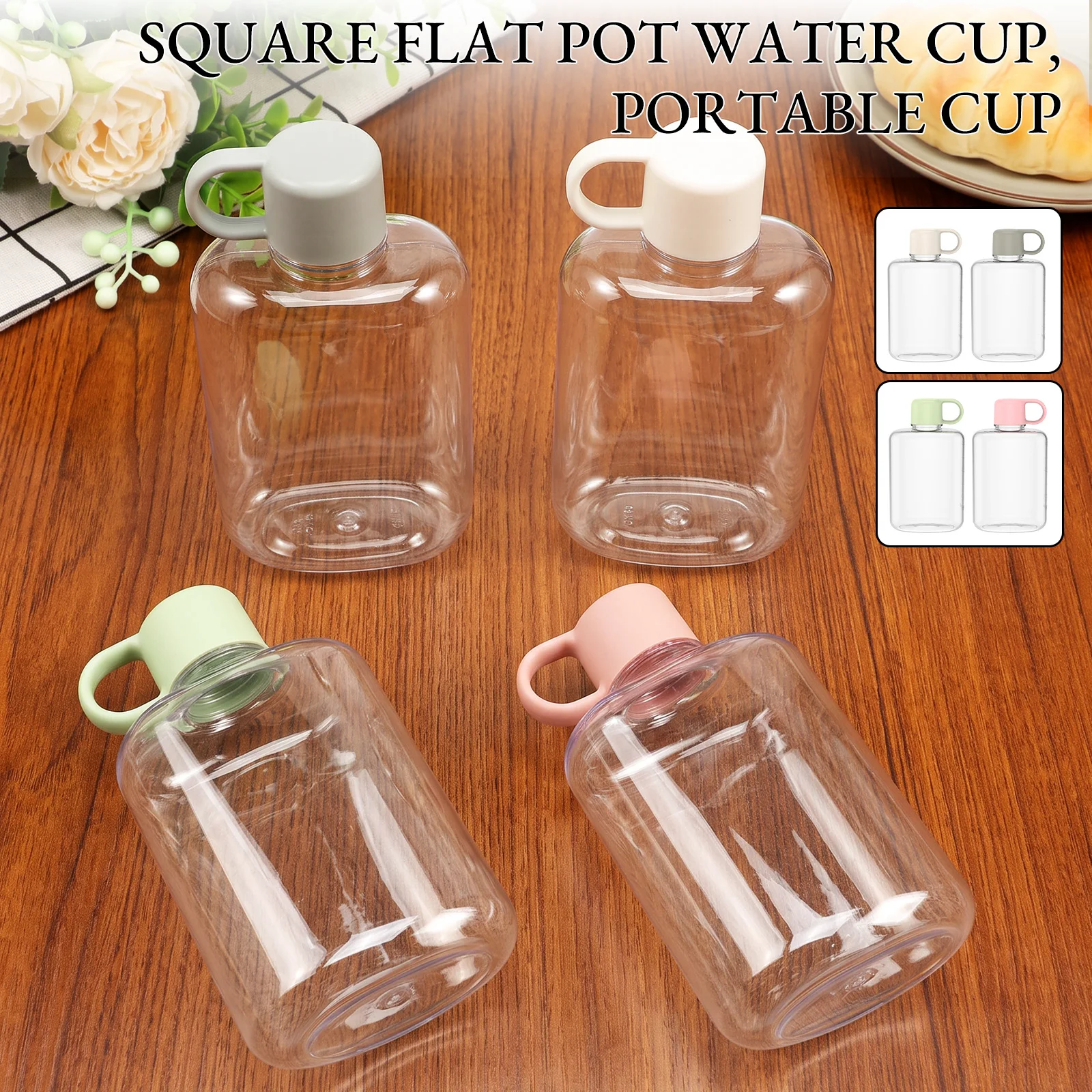 2Pcs 360ml Flat Water Bottle PP With Silicone Ring Screw Cap Seal Mini Outdoor Water Flask with LeakProof Lid for Travel And Gym