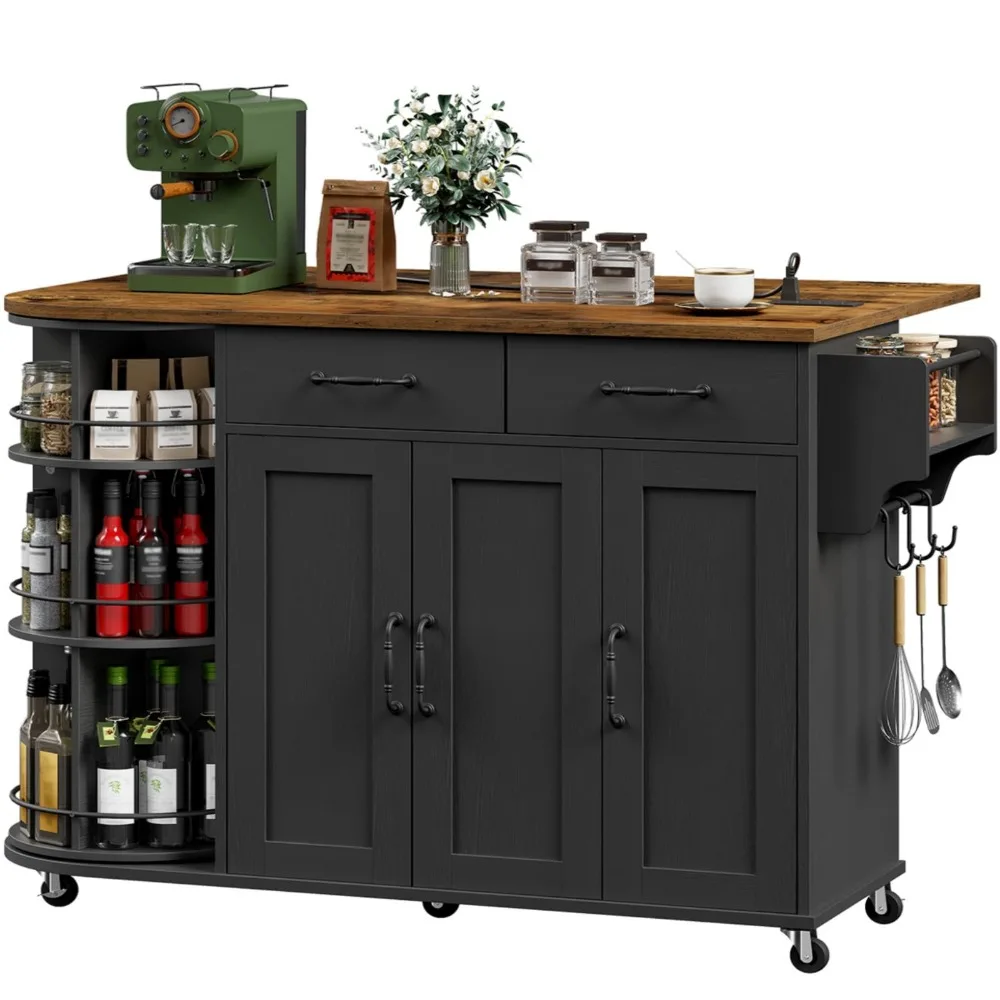 Kitchen Island with Power Outlet & Drop Leaf, Kitchen Rolling Island with Rotating Organizer, Kitchen Island Cart with