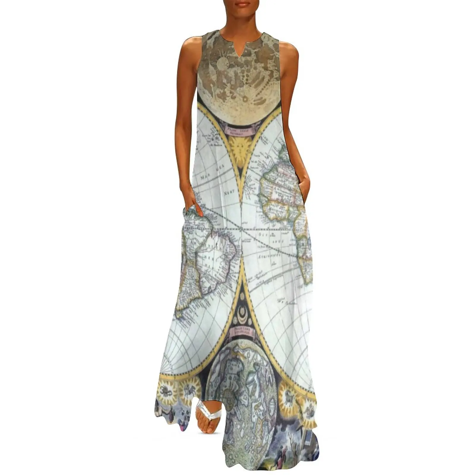 Earth Map Dress World Maps Print Elegant Maxi Dress Street Style Bohemia Long Dresses Women V Neck