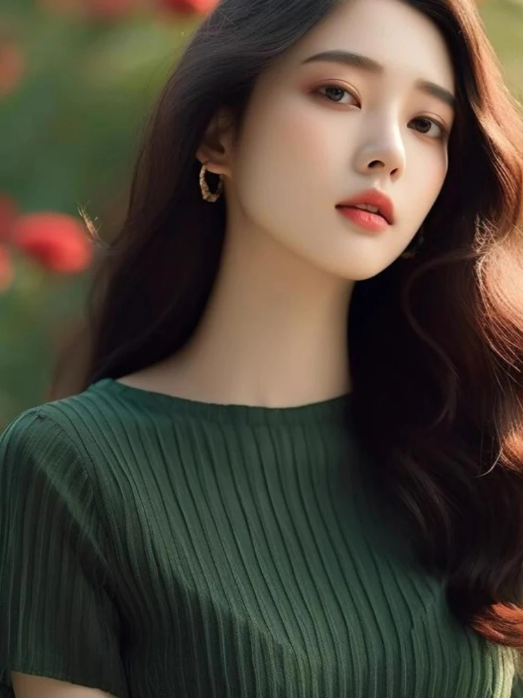 بلوزة محبوكة من الحرير الجليدي من Ele كاجوال متعددة الاستخدامات ort Sve Overhead Commute Faionable Color فضفاضة تناسب الصيف للنساء...