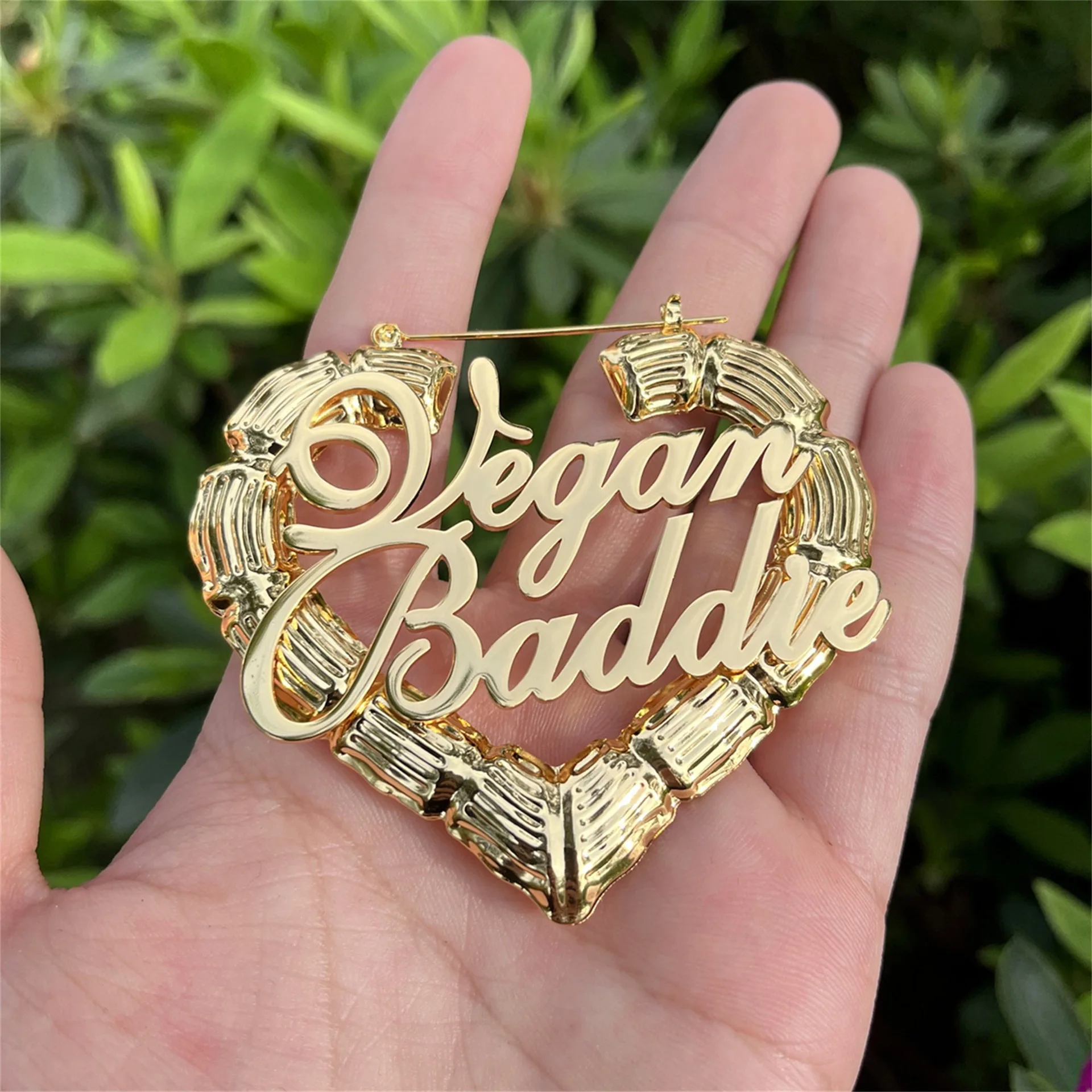 Anting Nama Wanita Bentuk Hati Persik Bambu Ukuran 3/5/7/9cm Custom, Perhiasan Set Lapis Emas 18K Stainless Steel Personalisasi, Hadiah