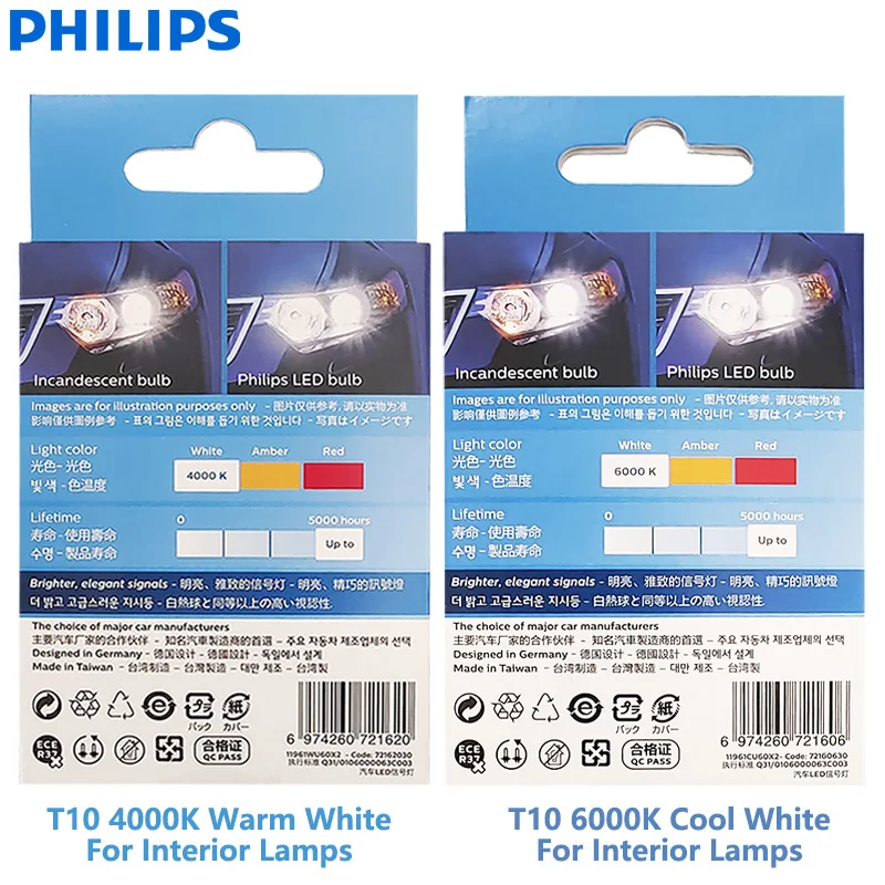 Philips LED T10 W5W Ultinon Pro6000 4000K 6000K White Bright Car Interior Lamps Turn Signal No Flash Flickering Error Free, Pair