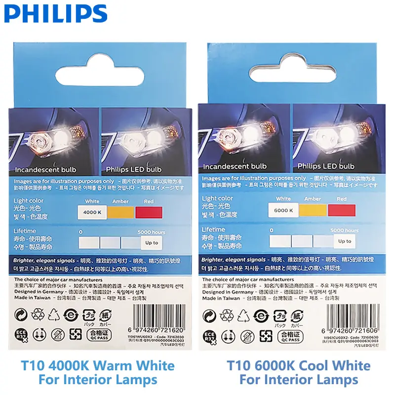 مصابيح داخلية للسيارة Philips LED T10 W5W Ultinon Pro6000، 4000K و6000K، بيضاء ساطعة، إشارة دوران بدون وميض أو أخطاء، زوج - 2
