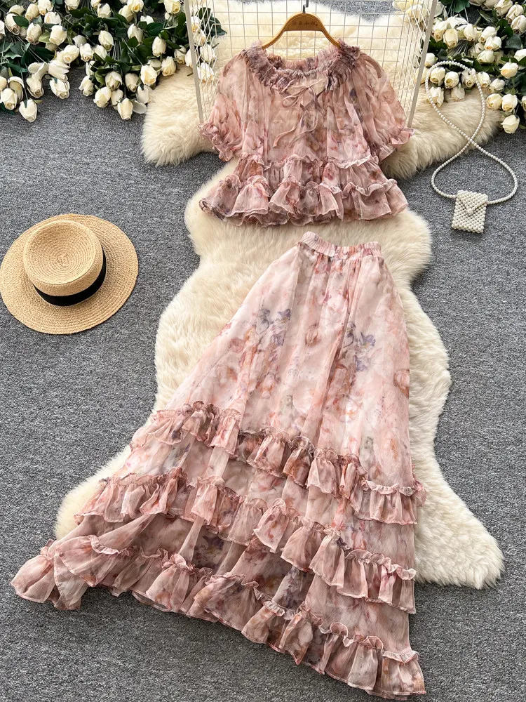 

Elegant French Printed Two-Piece Dress Set Women Ruffle Multi-Layer Dress Waist-Tight Party Banquet Vacation Daily Dress Set