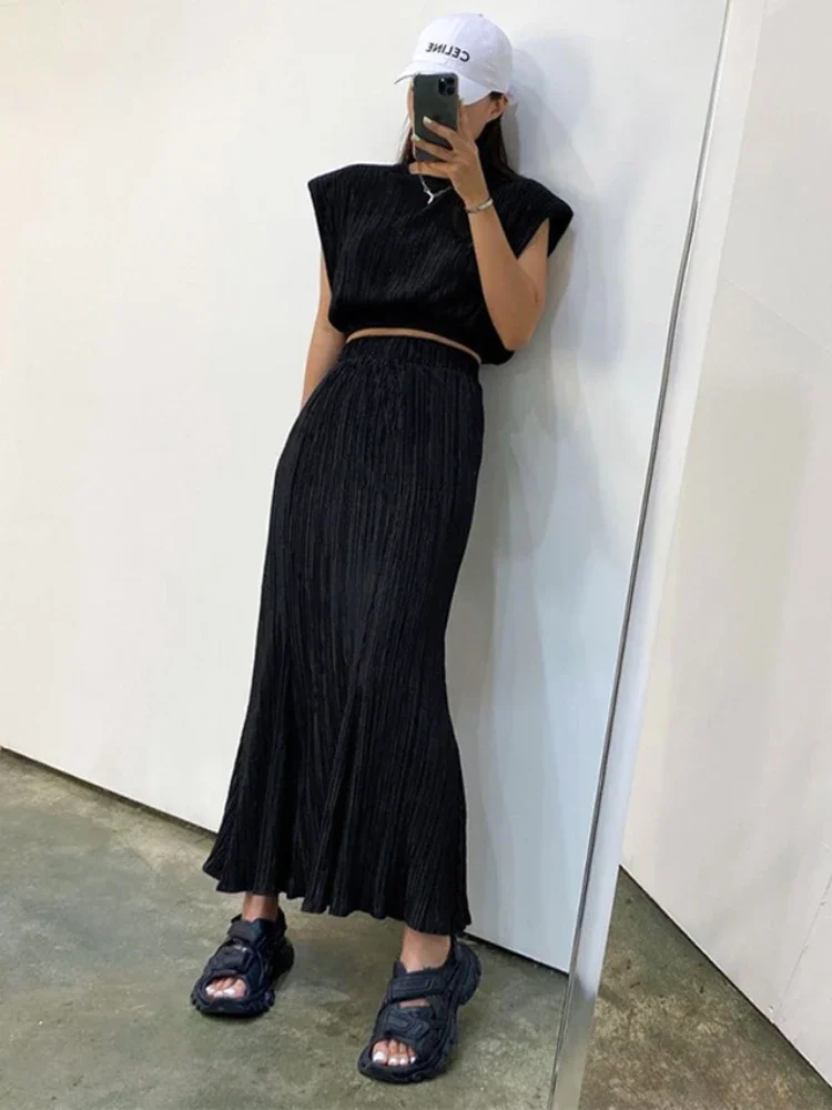 Elegant Temperament Commute High Street Set Summer Solid Color Holiday Casual Suit Female O Neck Sleeveless Tops+Long Skirt Set