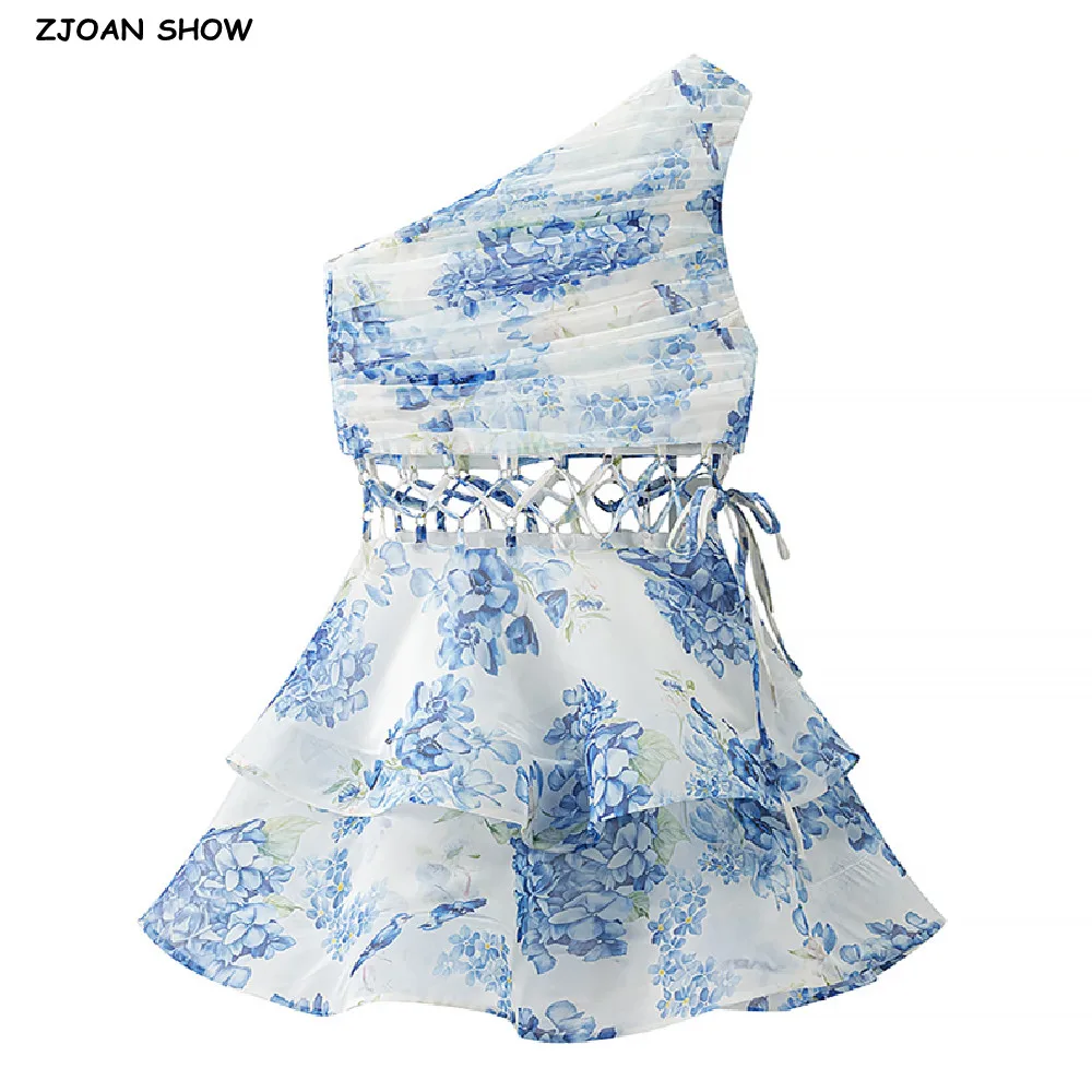 

Sexy Blue White Floral Print Mini One Shoulder Dress Women Cross Lacing Up Bandage Bow Hollow Out Waist Swing Sleeveless Dresses